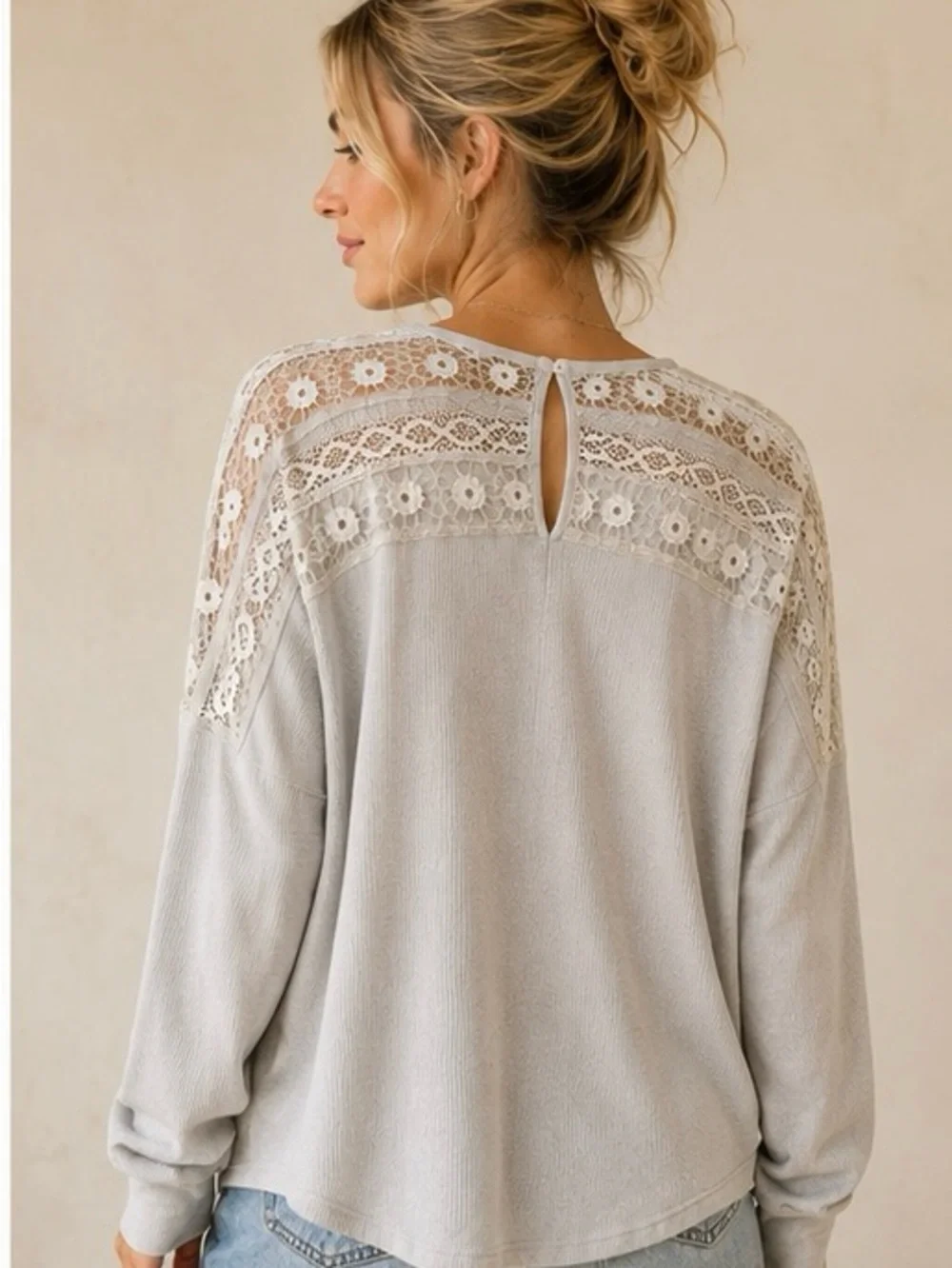 Free People Gray Lace Yoke Thermal Top XS Boho Long Sleeve